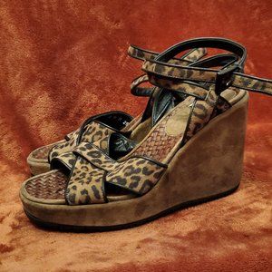 WEDGE LEATHER AND SUEDE LEOPARD SANDALS Made in Italy